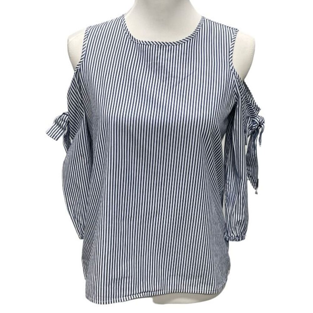 Macy's Pink Rose Womens Cold Shoulder Blouse Top S Blue White Stripe Career Work